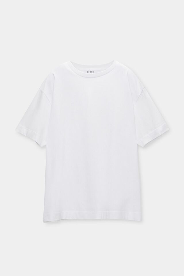 %100 Organik Pamuklu Oversize Basic Beyaz Kadın T-shirt L - Beyaz