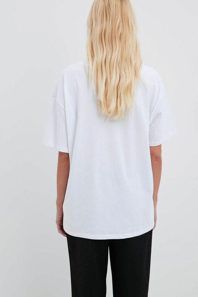 %100 Organik Pamuklu Oversize Basic Beyaz Kadın T-shirt L - Beyaz