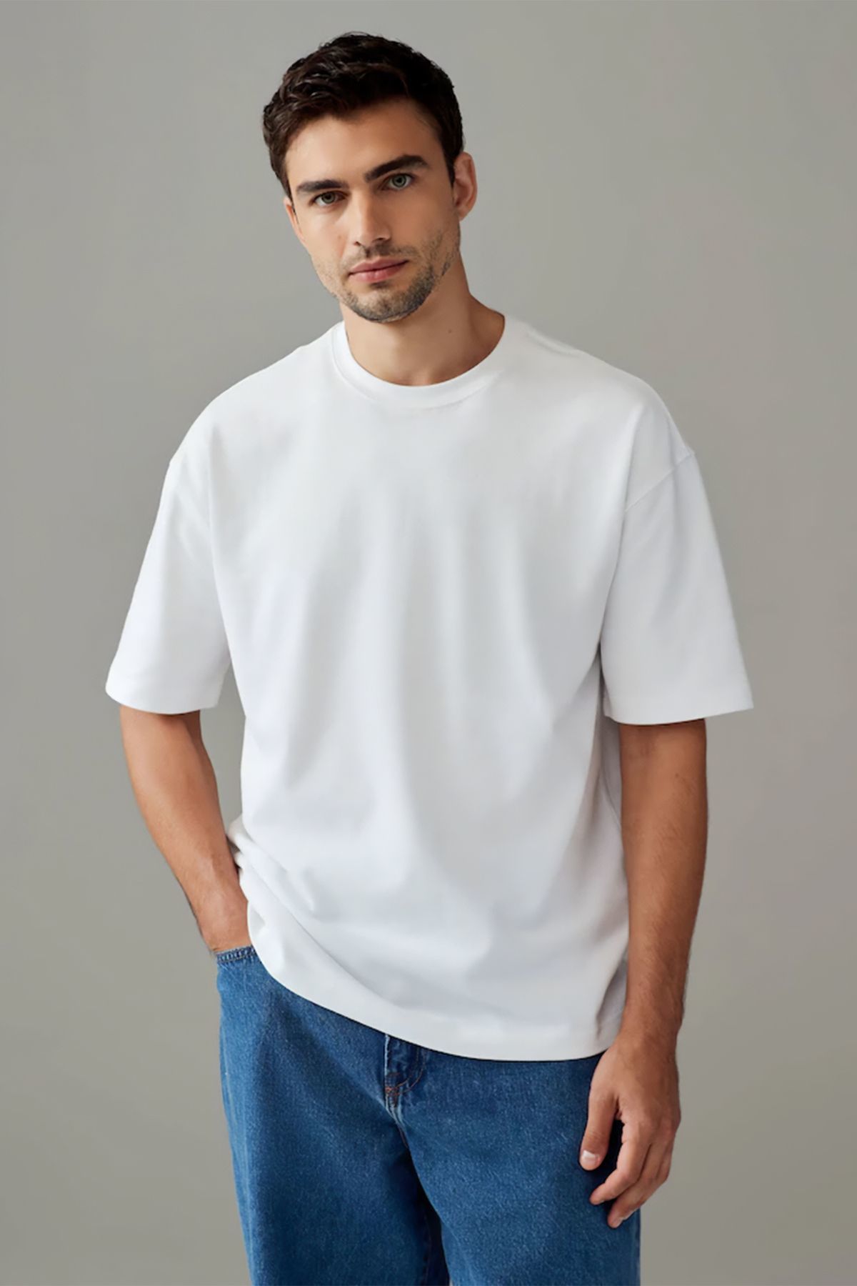 %100 Organik Pamuklu Oversize Basic Erkek  T-shirt M - Beyaz