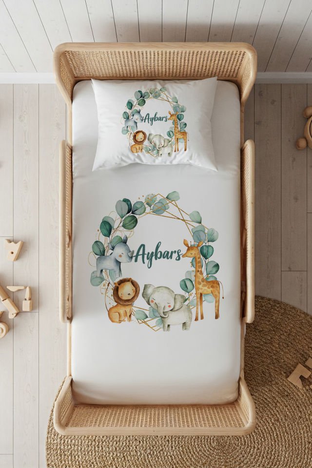 %100 Pamuk Saten İsme Özel 100x200 Tek Kişilik Lastikli Çarşaf Seti Safari