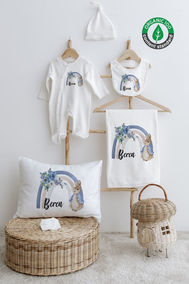 %100 Organik İsme Özel 6lı Hastane Çıkışı Tulum Set Tavşan