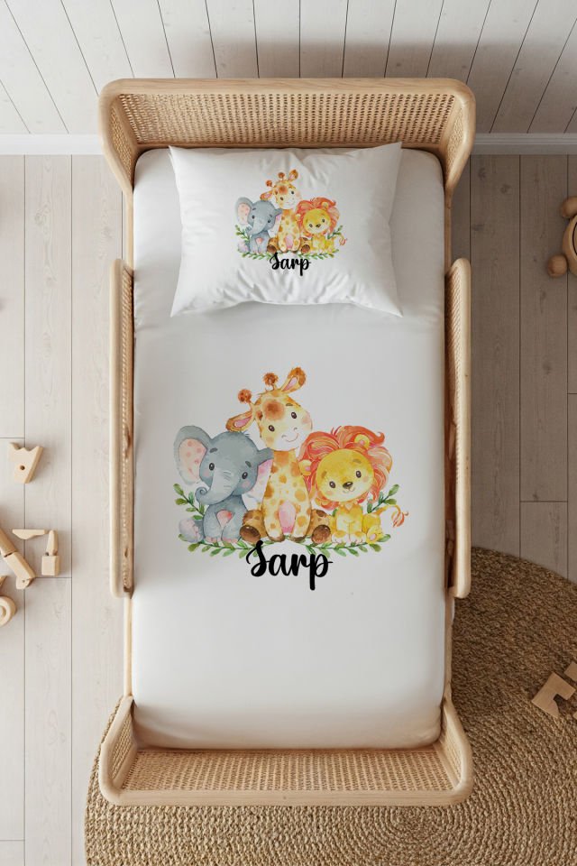 %100 Pamuk Saten İsme Özel 100x200 Tek Kişilik Lastikli Çarşaf Seti Renkli Safari