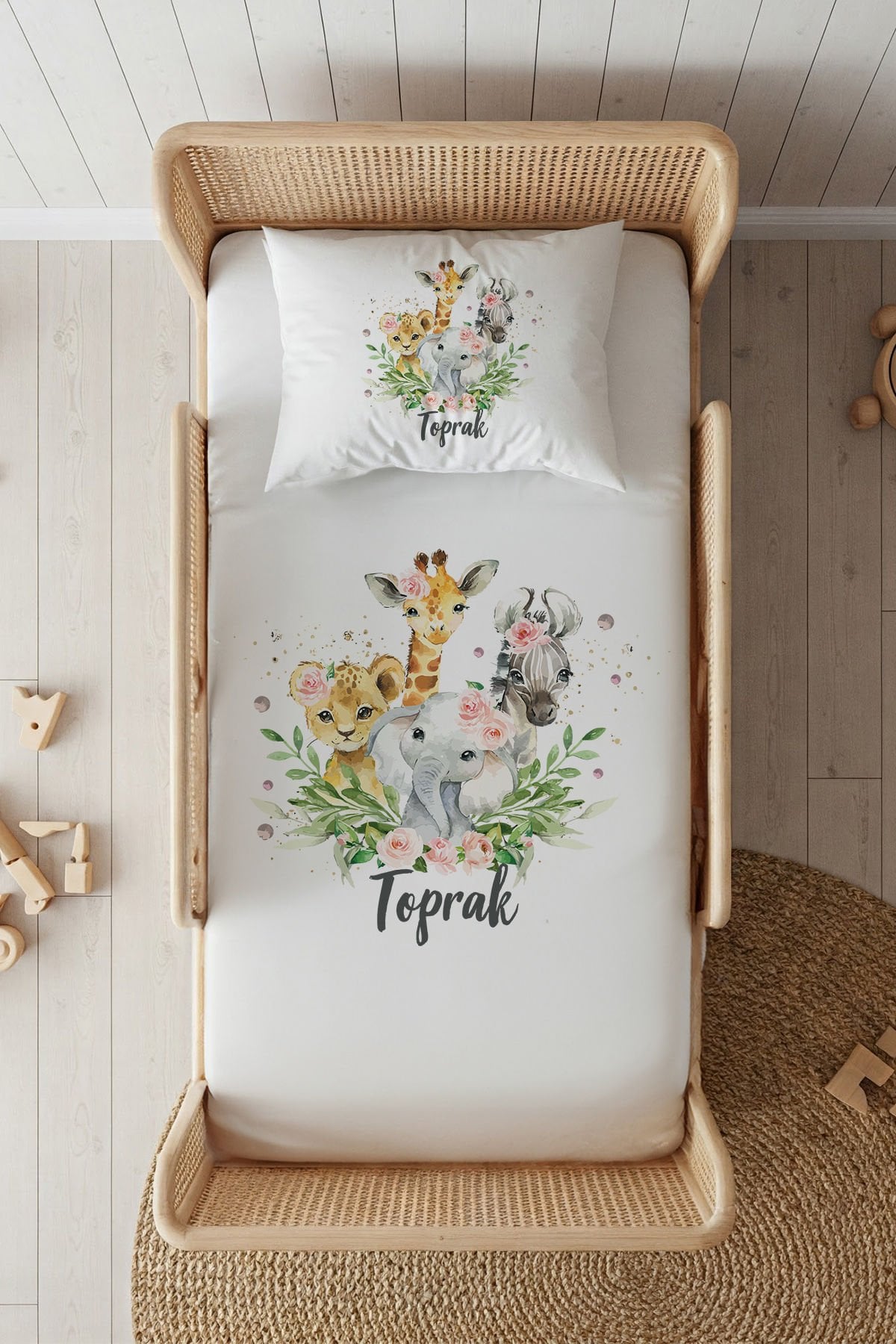 %100 Pamuk Saten İsme Özel 100x200 Tek Kişilik Lastikli Çarşaf Seti Çiçekli Safari