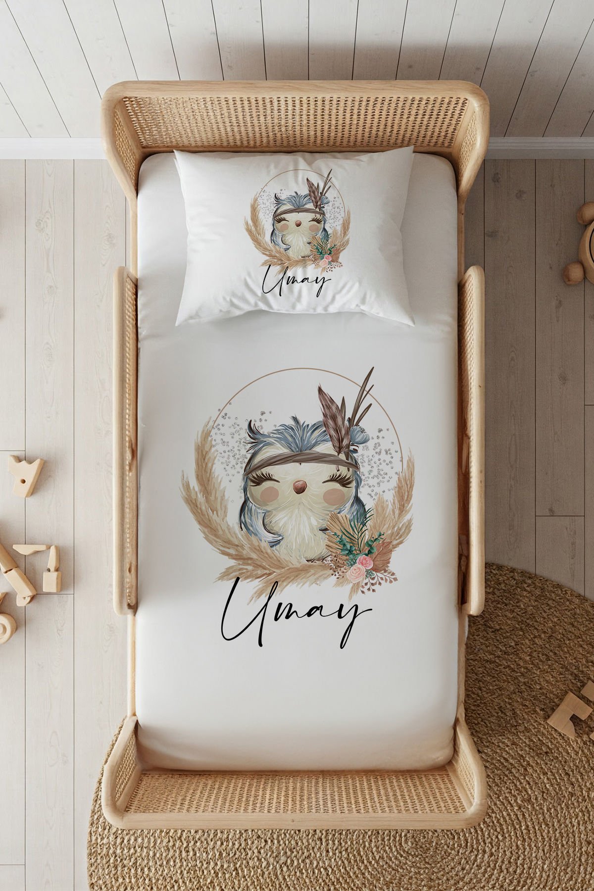 %100 Pamuk Saten İsme Özel 100x200 Tek Kişilik Lastikli Çarşaf Seti Baykuş