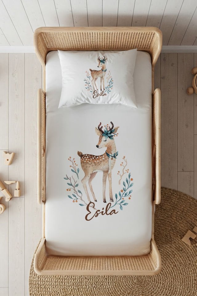 %100 Pamuk Saten İsme Özel 100x200 Tek Kişilik Lastikli Çarşaf Seti Ceylan