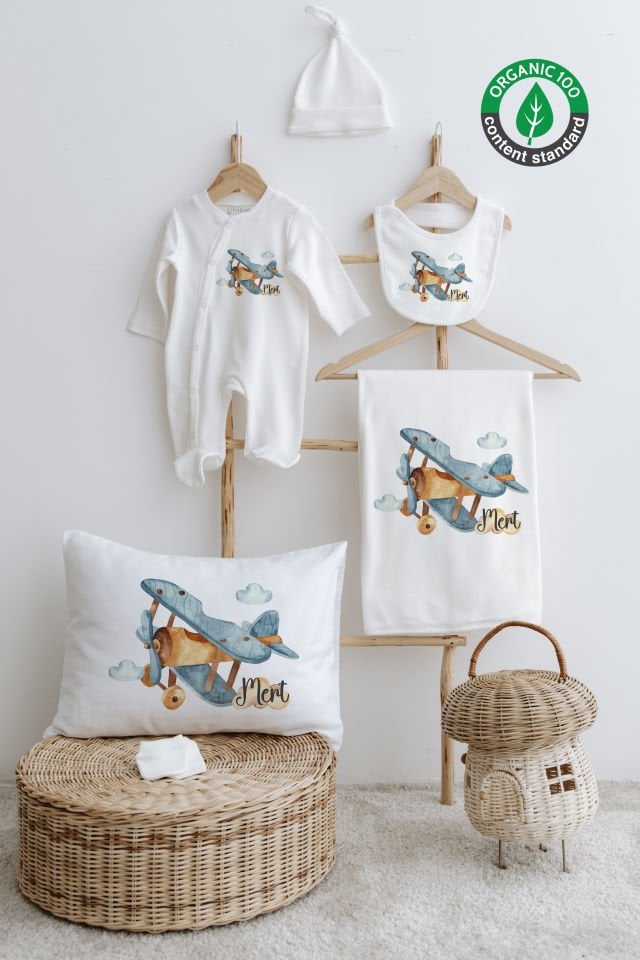 %100 Organik İsme Özel 6lı Hastane Çıkışı Tulum Set Uçak
