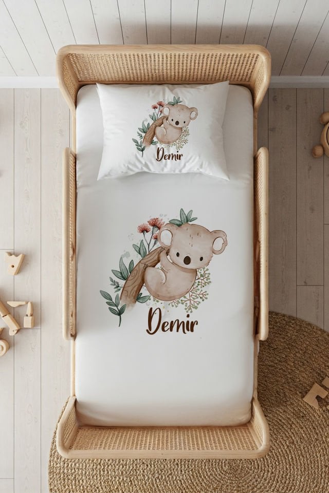 %100 Pamuk Saten İsme Özel 100x200 Tek Kişilik Lastikli Çarşaf Seti Koala