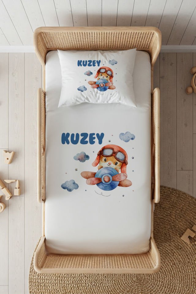 %100 Pamuk Saten İsme Özel 100x200 Tek Kişilik Lastikli Çarşaf Seti Pilot Tavşan