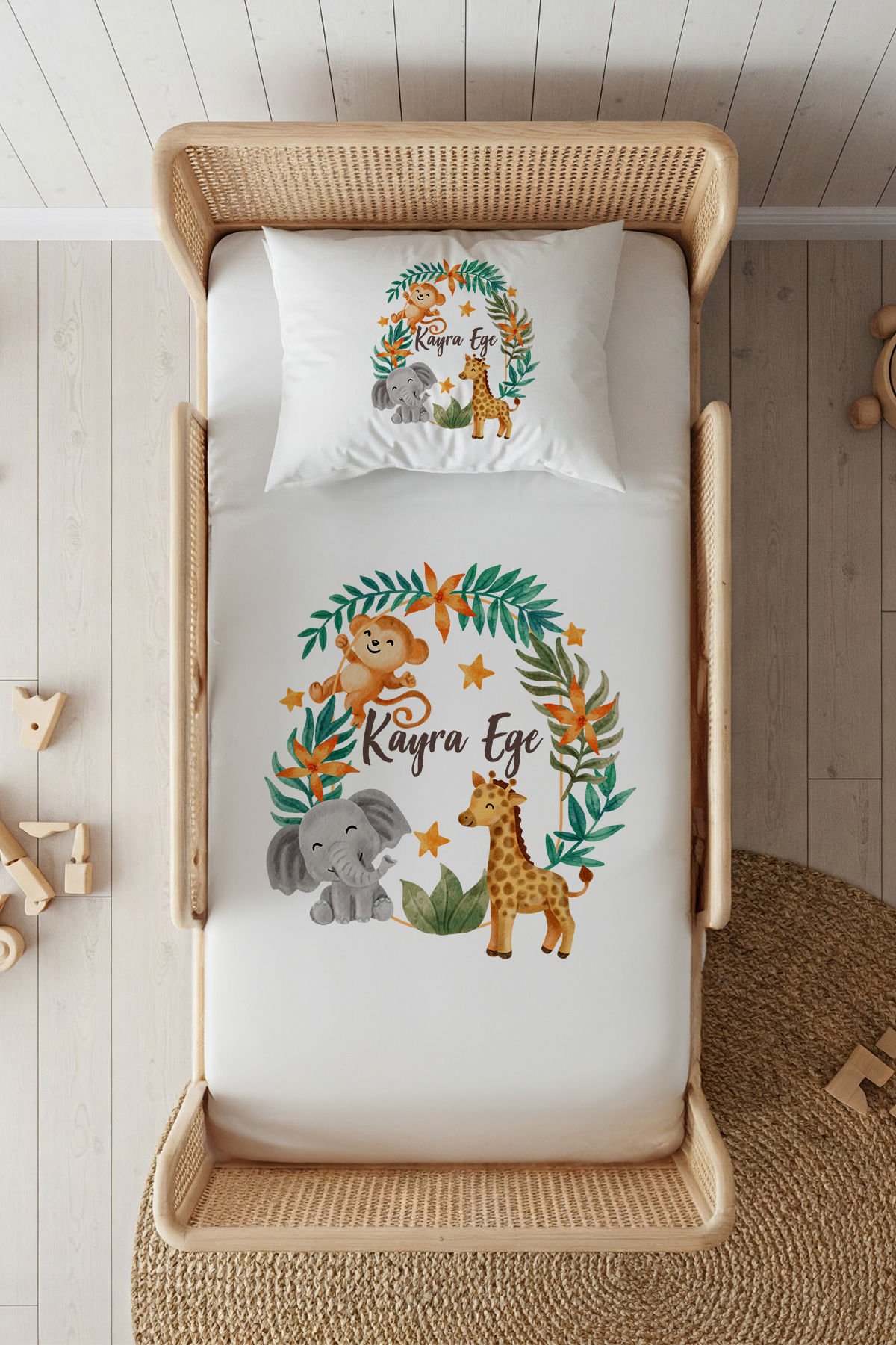 %100 Pamuk Saten İsme Özel 100x200 Tek Kişilik Lastikli Çarşaf Seti Safari