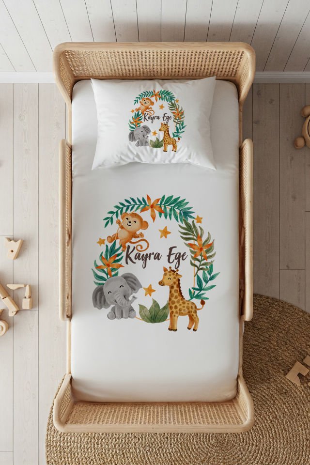 %100 Pamuk Saten İsme Özel 100x200 Tek Kişilik Lastikli Çarşaf Seti Safari