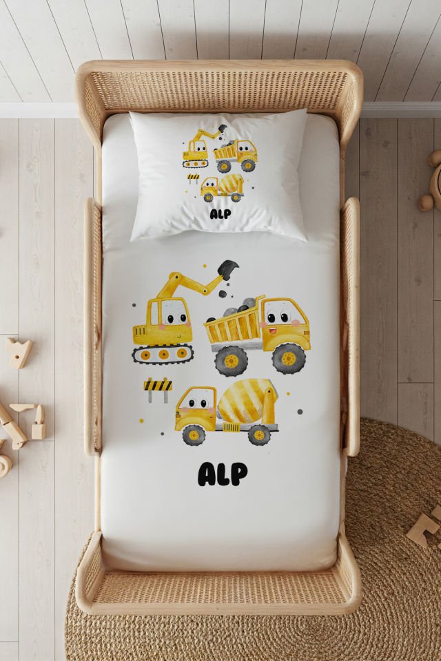 %100 Pamuk Saten İsme Özel 100x200 Tek Kişilik Lastikli Çarşaf Seti Kamyonlar