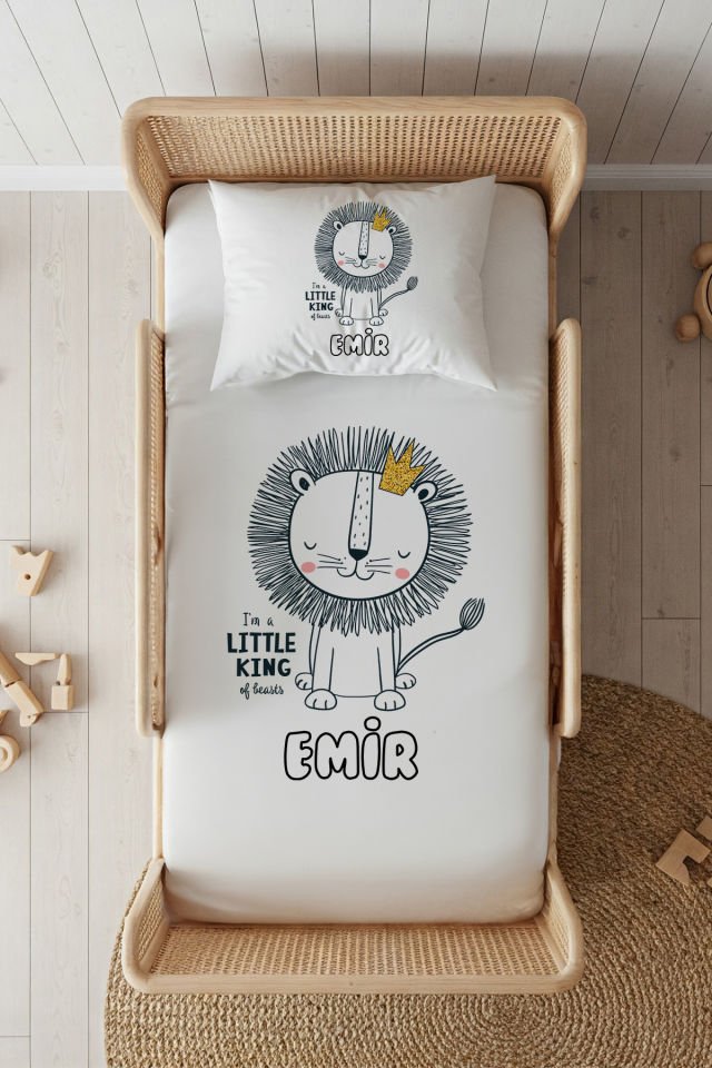 %100 Pamuk Saten İsme Özel 100x200 Tek Kişilik Lastikli Çarşaf Seti Çizgi Aslan