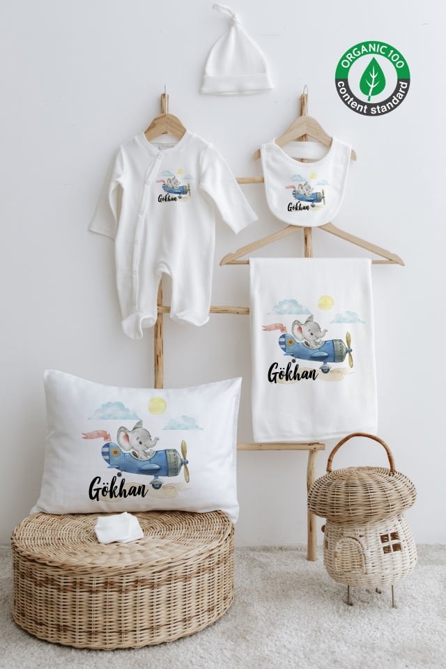 %100 Organik İsme Özel 6lı Hastane Çıkışı Tulum Set Fil
