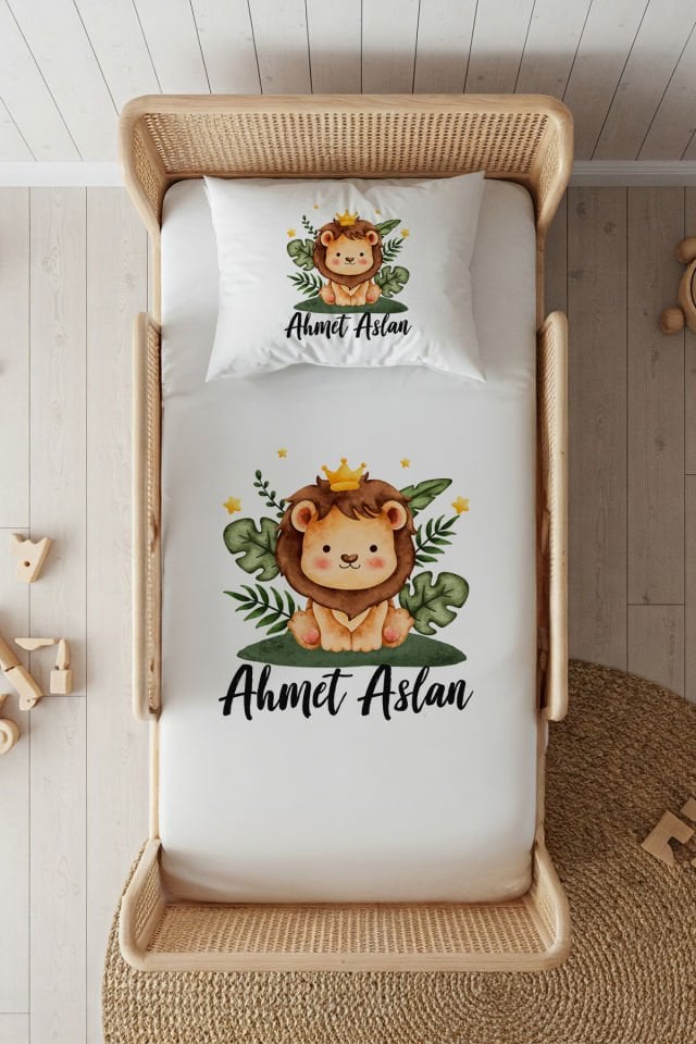 %100 Pamuk Saten İsme Özel 100x200 Tek Kişilik Lastikli Çarşaf Seti Aslan