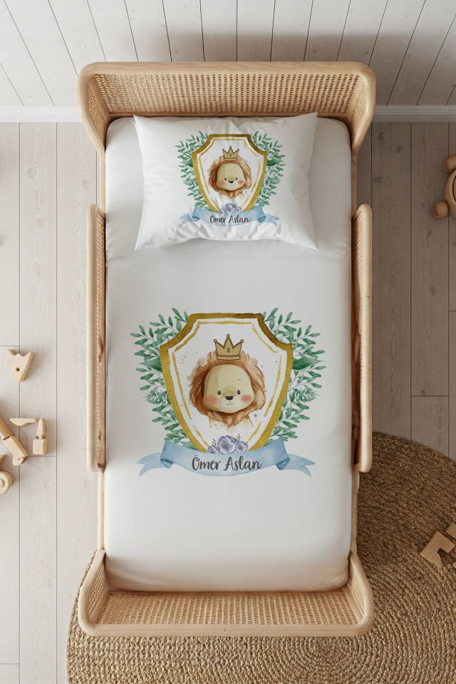 %100 Pamuk Saten İsme Özel 100x200 Tek Kişilik Lastikli Çarşaf Seti Aslan