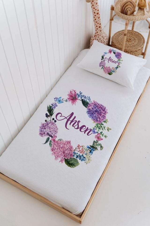 İsme Özel Bebek Ve Çocuk Tek Kişilik Pike Takımı (160 X 220cm)-Çiçek Çemberi