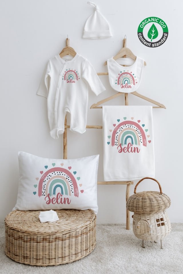 %100 Organik İsme Özel 6lı Hastane Çıkışı Tulum Set Gökkuşağı