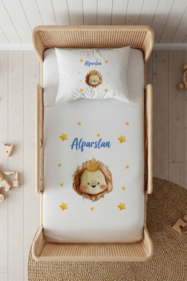 %100 Pamuk Saten İsme Özel 100x200 Tek Kişilik Lastikli Çarşaf Seti Aslan