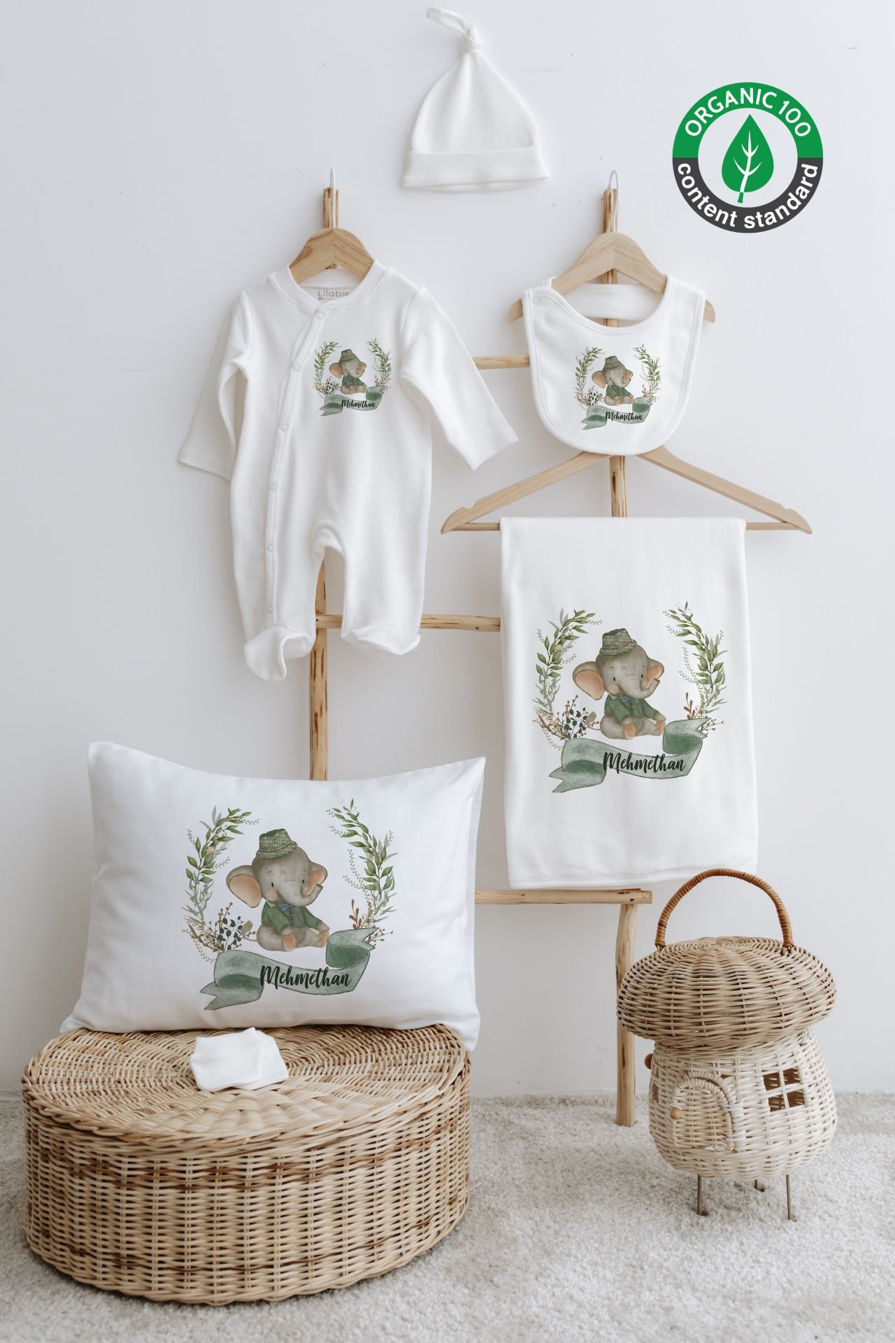 %100 Organik İsme Özel 6lı Hastane Çıkışı Tulum Set Fil