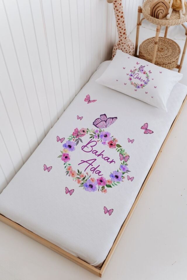 İsme Özel Bebek Ve Çocuk Tek Kişilik Pike Takımı (160 X 220cm)-Çiçek Çemberi
