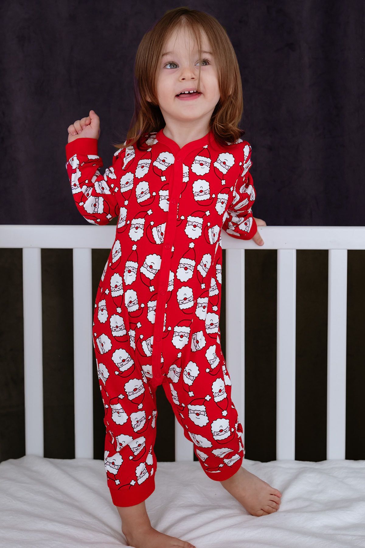 %100 Pamuk Yılbaşı Temalı Noel Baba Desenli Kırmızı Tulum