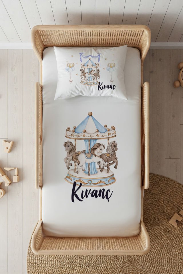 %100 Pamuk Saten İsme Özel 100x200 Tek Kişilik Lastikli Çarşaf Seti Atlıkarınca