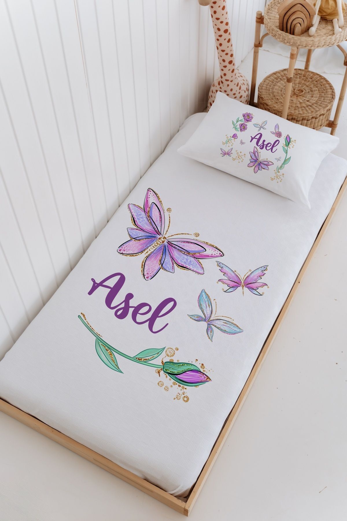 İsme Özel Bebek Ve Çocuk Tek Kişilik Pike Takımı (160 X 220cm) -Kelebek