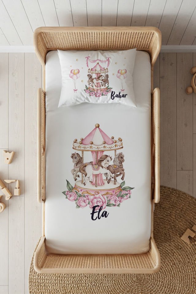 %100 Pamuk Saten İsme Özel 100x200 Tek Kişilik Lastikli Çarşaf Seti Atlıkarınca