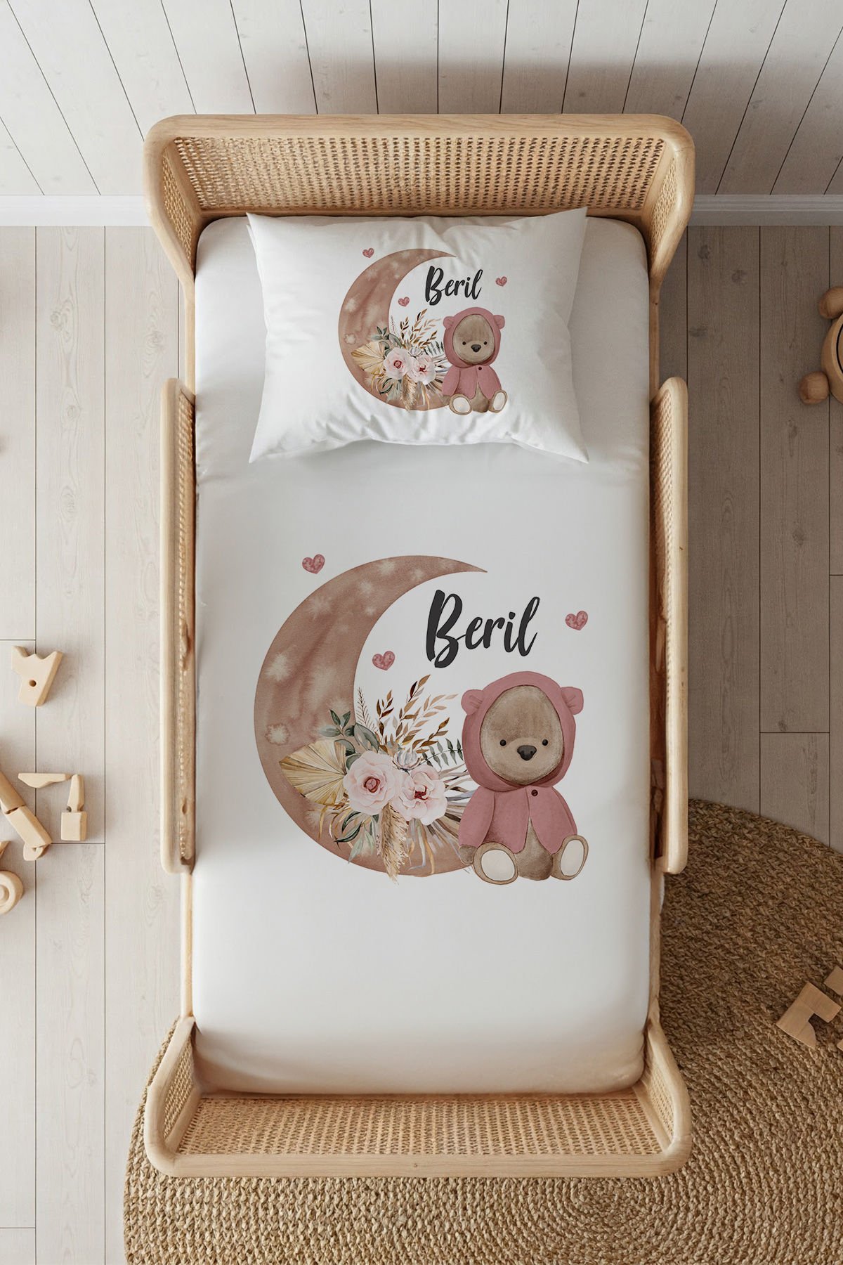 %100 Pamuk Saten İsme Özel 100x200 Tek Kişilik Lastikli Çarşaf Seti Ayıcık