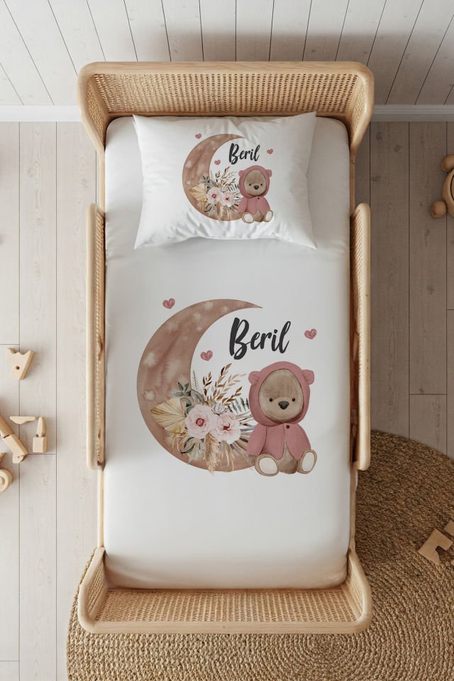 %100 Pamuk Saten İsme Özel 100x200 Tek Kişilik Lastikli Çarşaf Seti Ayıcık