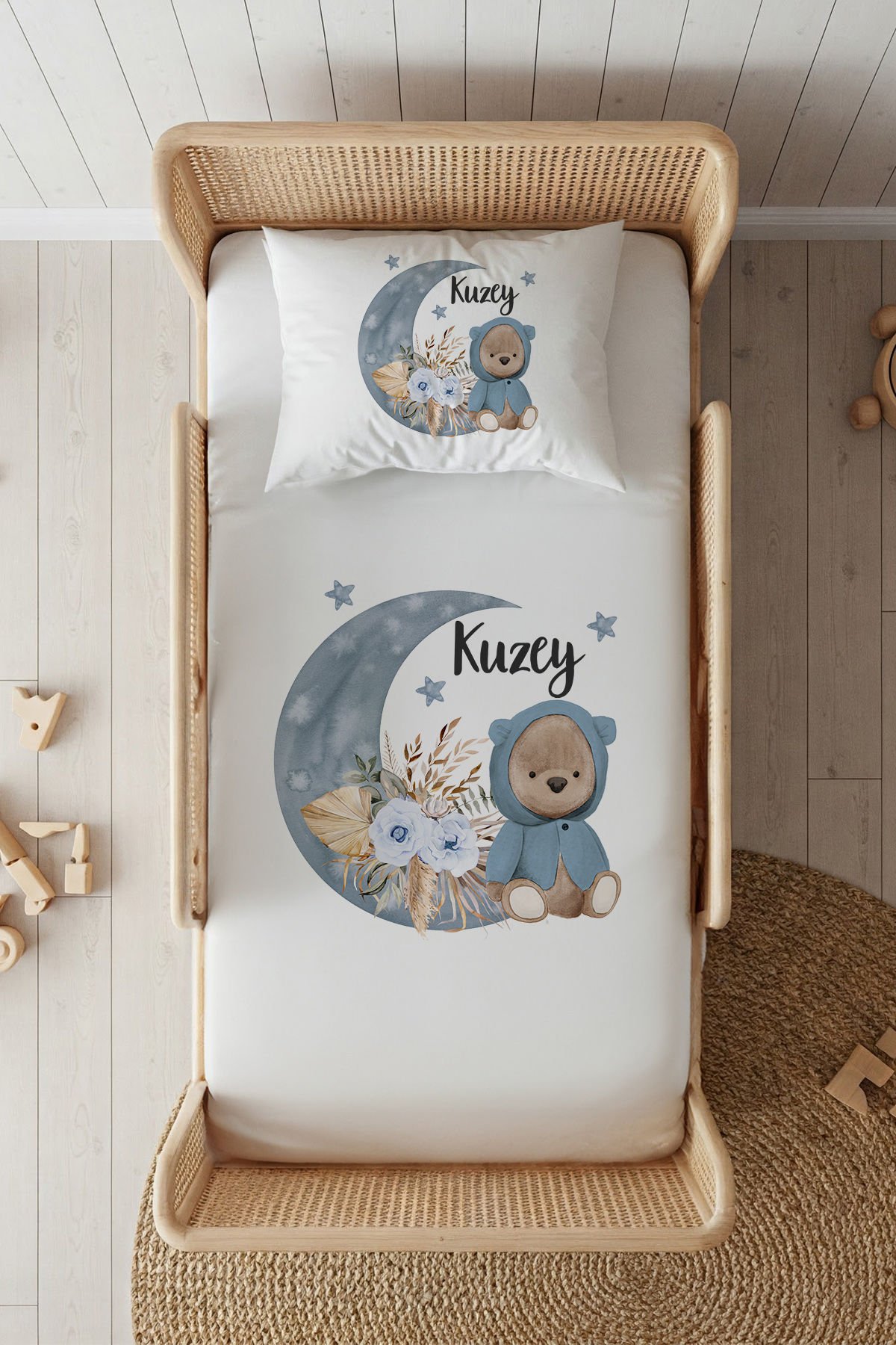 %100 Pamuk Saten İsme Özel 100x200 Tek Kişilik Lastikli Çarşaf Seti Ayıcık