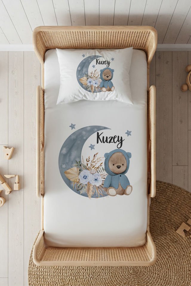 %100 Pamuk Saten İsme Özel 100x200 Tek Kişilik Lastikli Çarşaf Seti Ayıcık