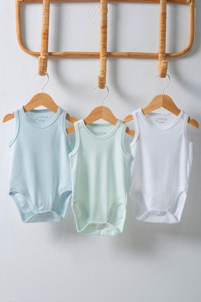 %100 Organik Pamuk 3lü Jakarlı Atlet Bebek Body Seti Mint 9 - 12 Ay - Çok Renkli