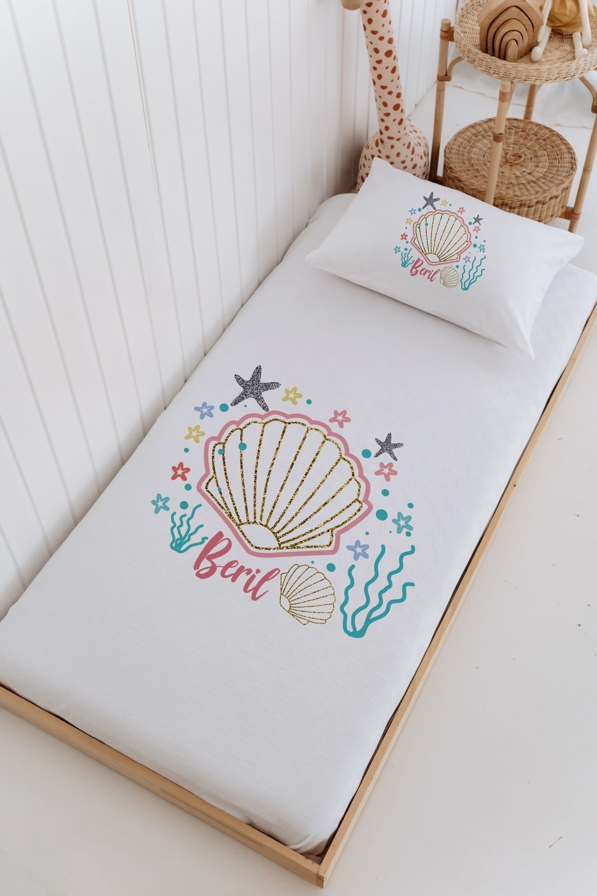 İsme Özel Bebek Ve Çocuk Tek Kişilik Pike Takımı (160 X 220cm)-Deniz Kabuğu