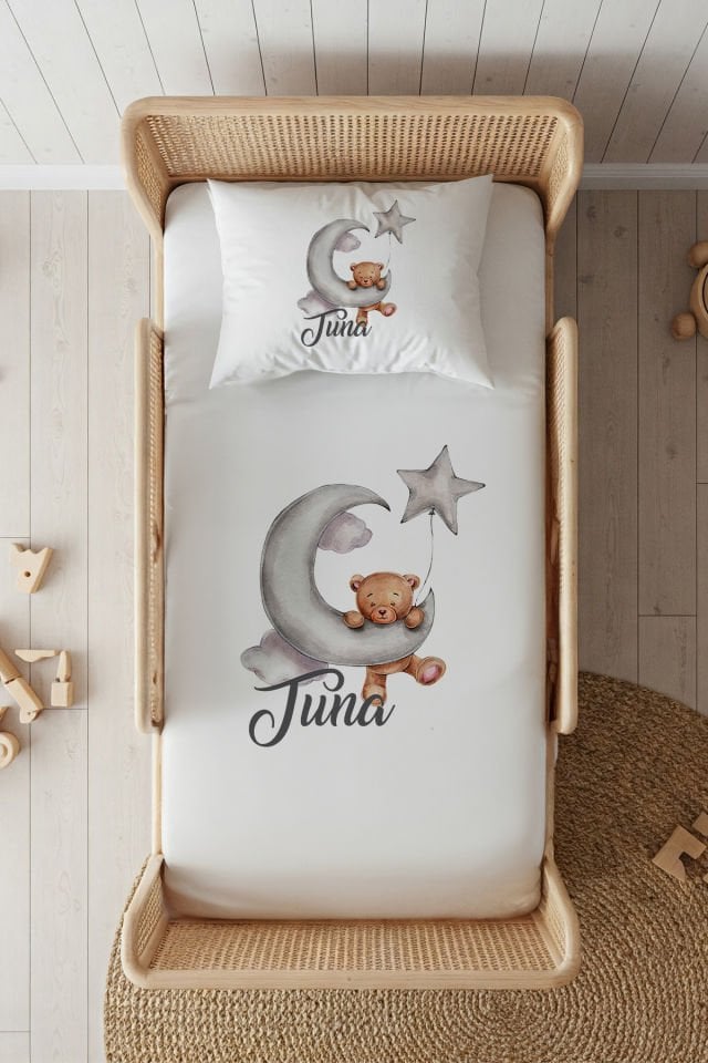 %100 Pamuk Saten İsme Özel 100x200 Tek Kişilik Lastikli Çarşaf Seti Ayıcık