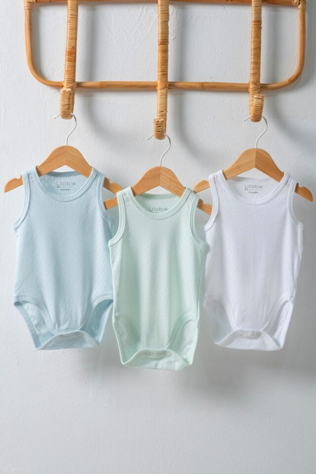%100 Organik Pamuk 3lü Jakarlı Atlet Bebek Body Seti Mint 0-3 AY - Çok Renkli