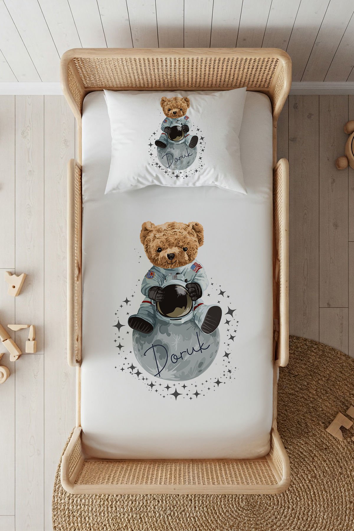 %100 Pamuk Saten İsme Özel 100x200 Tek Kişilik Lastikli Çarşaf Seti Ayıcık