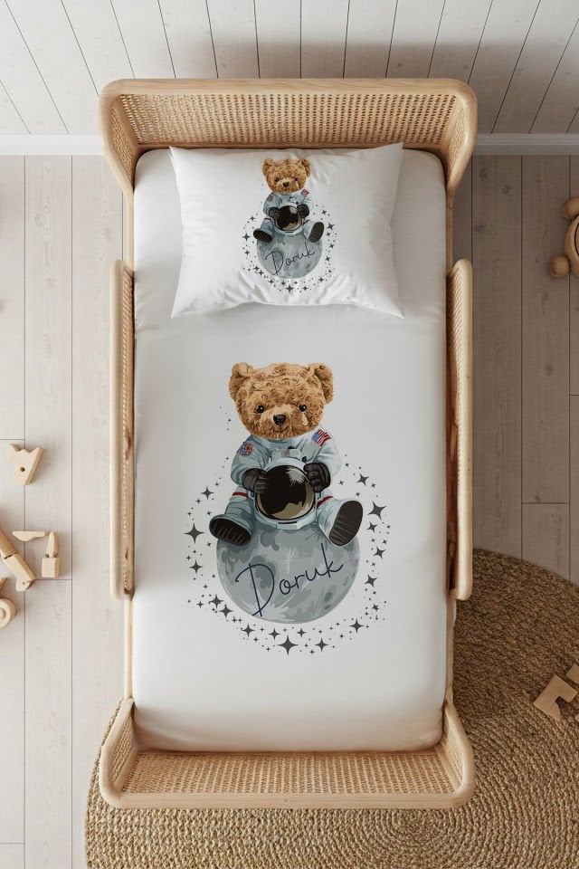 %100 Pamuk Saten İsme Özel 100x200 Tek Kişilik Lastikli Çarşaf Seti Ayıcık