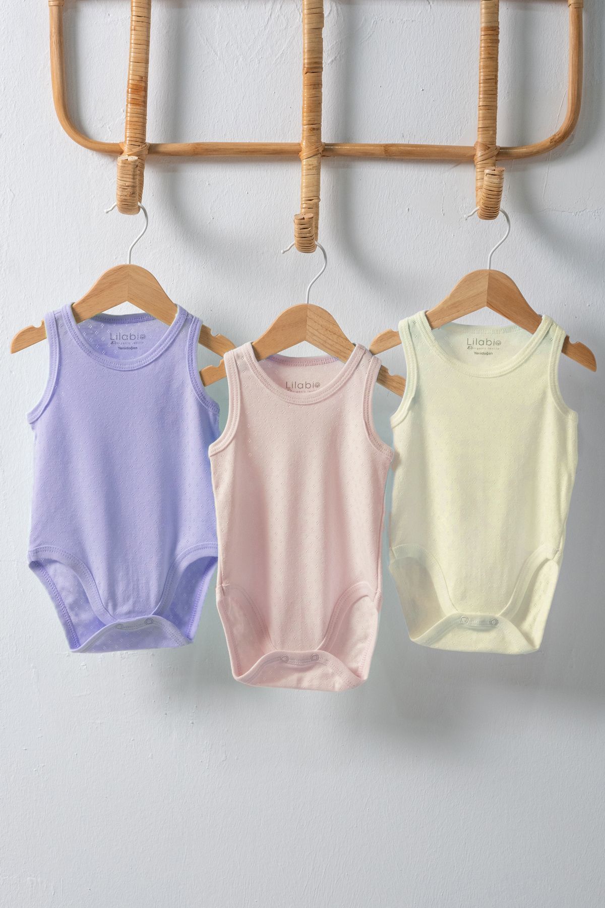 %100 Organik Pamuk 3lü Jakarlı Atlet Bebek Body Seti Lila 3-6 AY - Çok Renkli