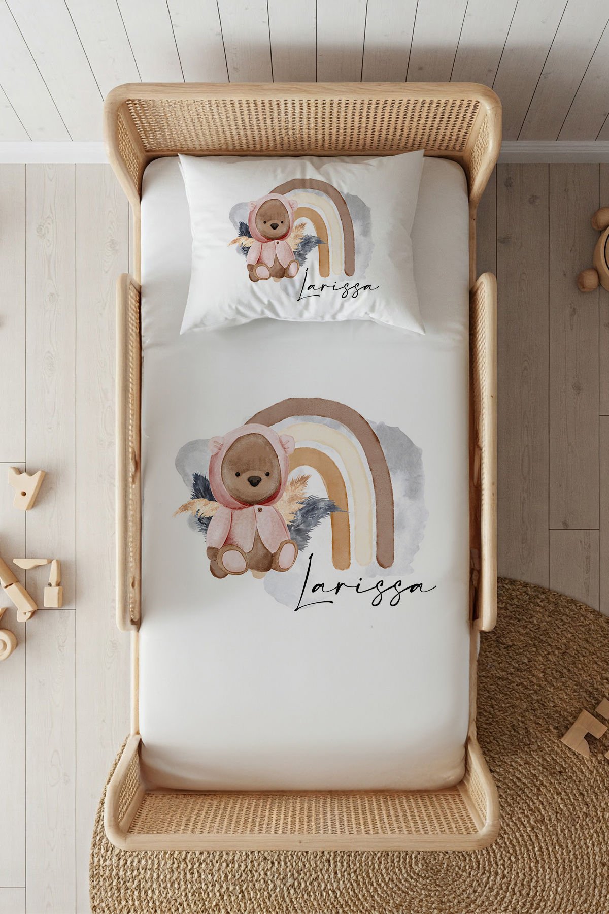 %100 Pamuk Saten İsme Özel 100x200 Tek Kişilik Lastikli Çarşaf Seti Ayıcık