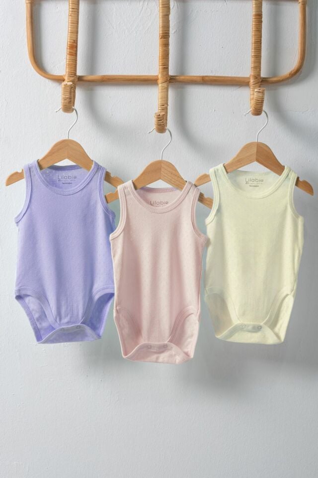 %100 Organik Pamuk 3lü Jakarlı Atlet Bebek Body Seti Lila 0-3 AY - Çok Renkli