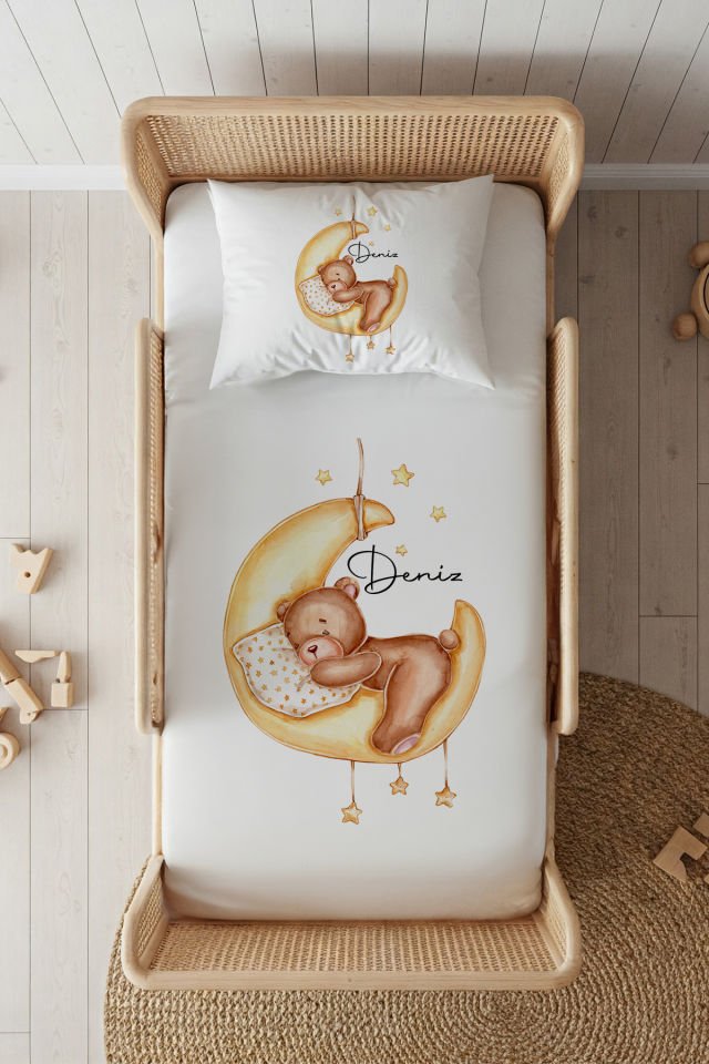 %100 Pamuk Saten İsme Özel 100x200 Tek Kişilik Lastikli Çarşaf Seti Ayıcık