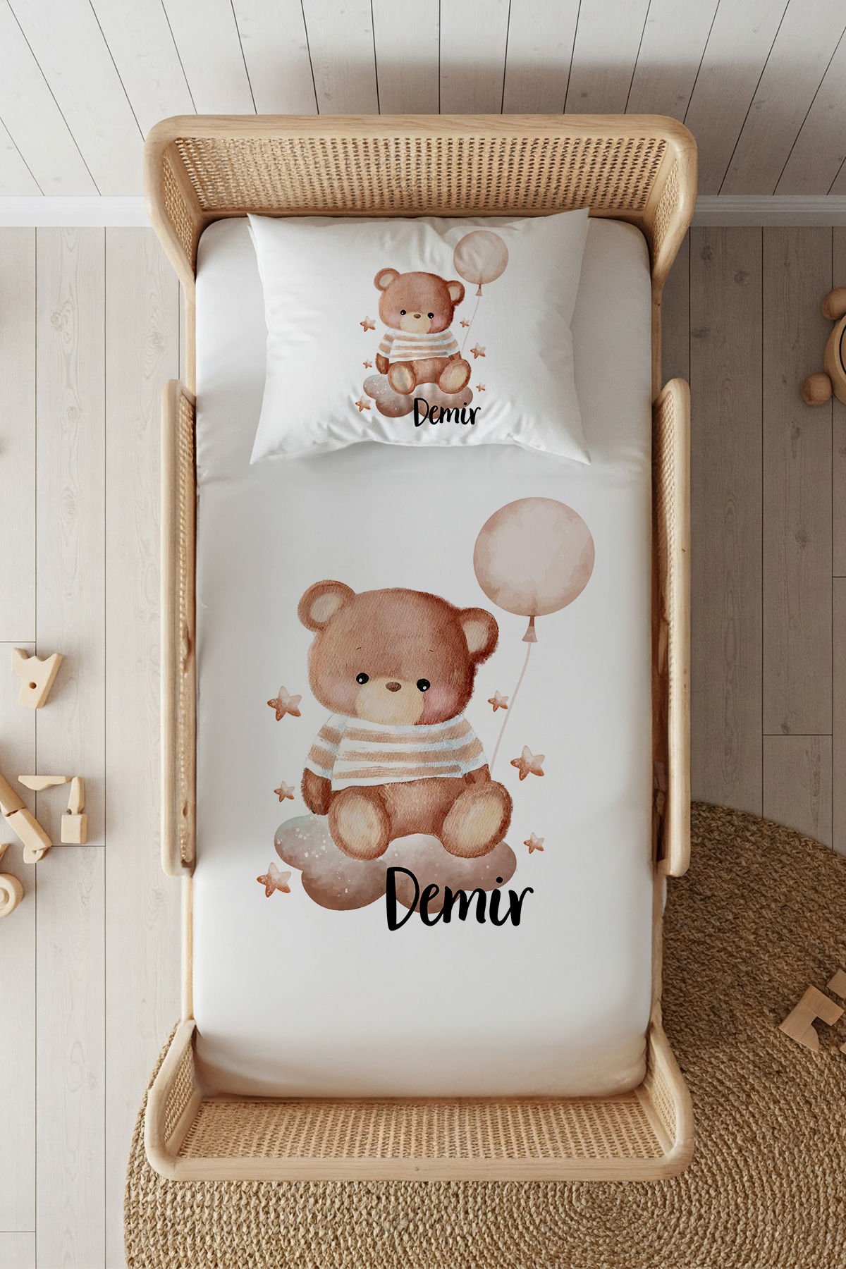 %100 Pamuk Saten İsme Özel 100x200 Tek Kişilik Lastikli Çarşaf Seti Balonlu Ayıcık