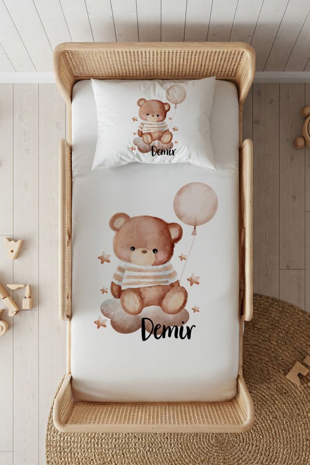 %100 Pamuk Saten İsme Özel 100x200 Tek Kişilik Lastikli Çarşaf Seti Balonlu Ayıcık