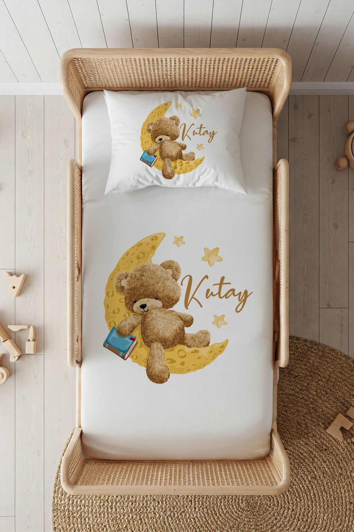 %100 Pamuk Saten İsme Özel 100x200 Tek Kişilik Lastikli Çarşaf Seti Ayıcık