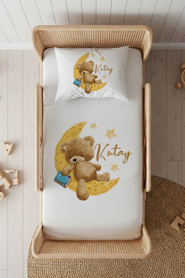 %100 Pamuk Saten İsme Özel 100x200 Tek Kişilik Lastikli Çarşaf Seti Ayıcık