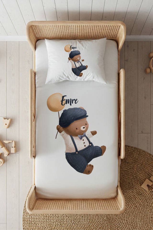 %100 Pamuk Saten İsme Özel 100x200 Tek Kişilik Lastikli Çarşaf Seti Ayıcık