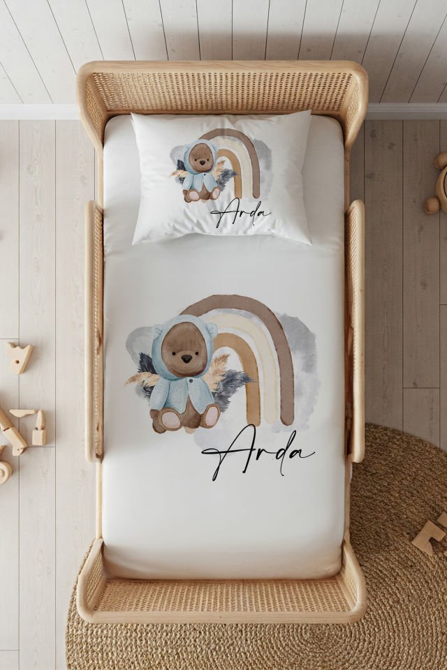 %100 Pamuk Saten İsme Özel 100x200 Tek Kişilik Lastikli Çarşaf Seti Ayıcık