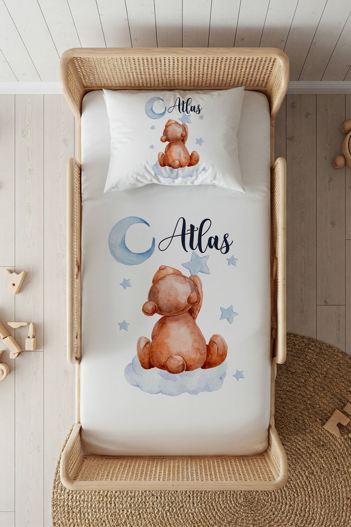 %100 Pamuk Saten İsme Özel 100x200 Tek Kişilik Lastikli Çarşaf Seti Ayıcık