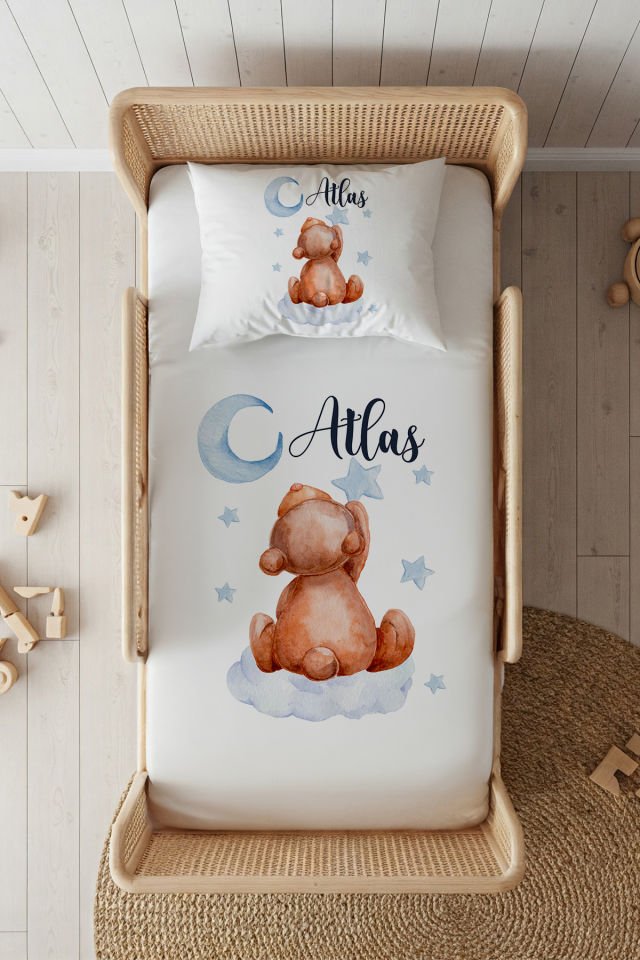 %100 Pamuk Saten İsme Özel 100x200 Tek Kişilik Lastikli Çarşaf Seti Ayıcık